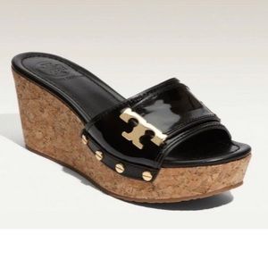 Tory Burch black Pamela patent cork sandals 7.5